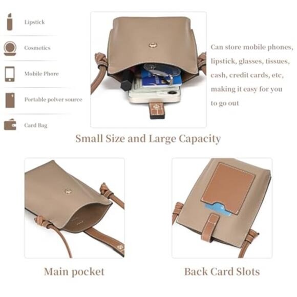 Pink & Brown Leather Small Crossbody Bags Phone Purse Minimalism Travel Bag - Picture 4 of 9